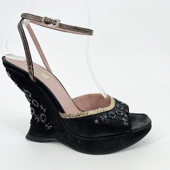Prada Vintage Black Suede Snakeskin Floral Beaded Strappy Wedge Sandal IT 37 - Picture 1 of 13